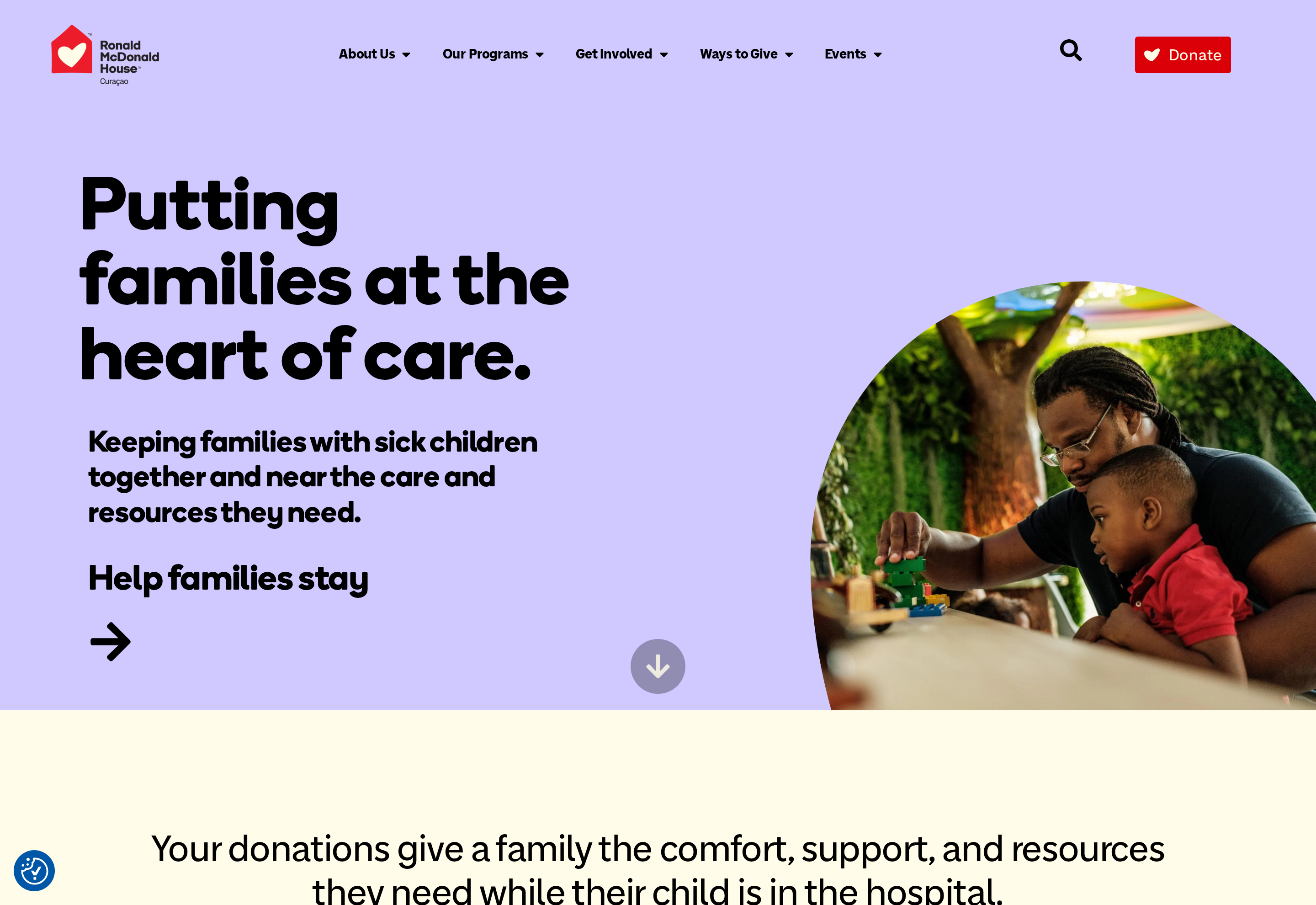 Ronald McDonald House Curaçao homepage with the headline putting families at the heart of care