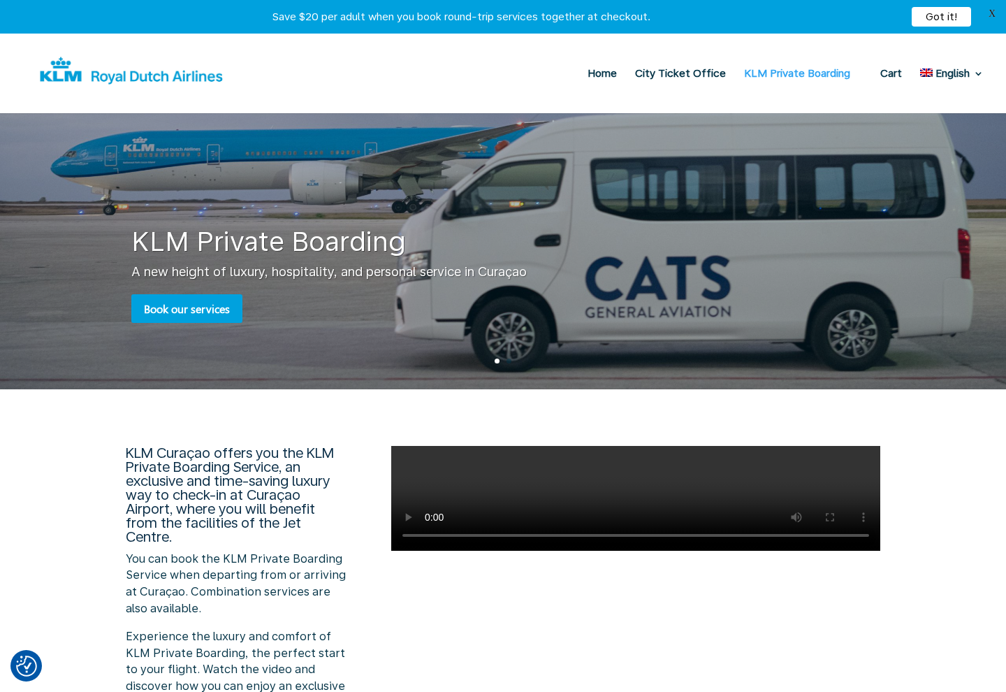 KLM Curaçao Private Boarding page with hero, service explanation and bookable arrival and departure flights